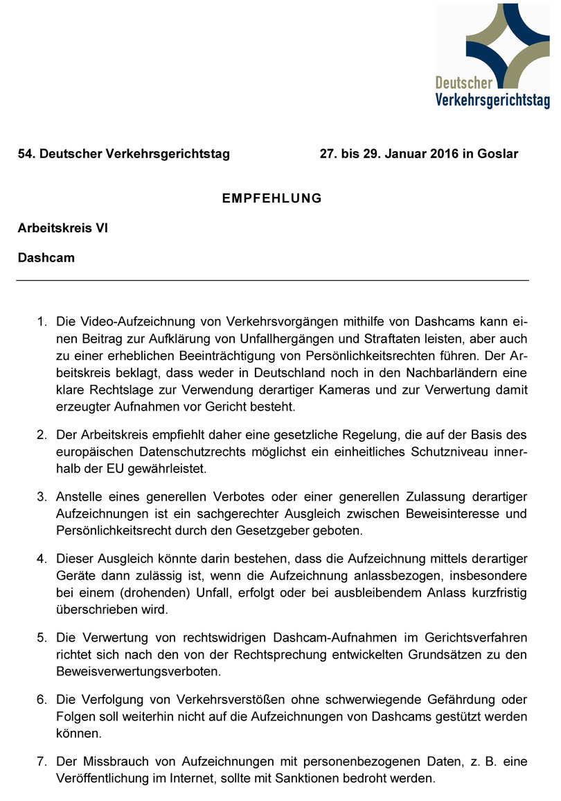 54. Deutscher Verkehrsgerichtstag - Empfehlung Dashcam